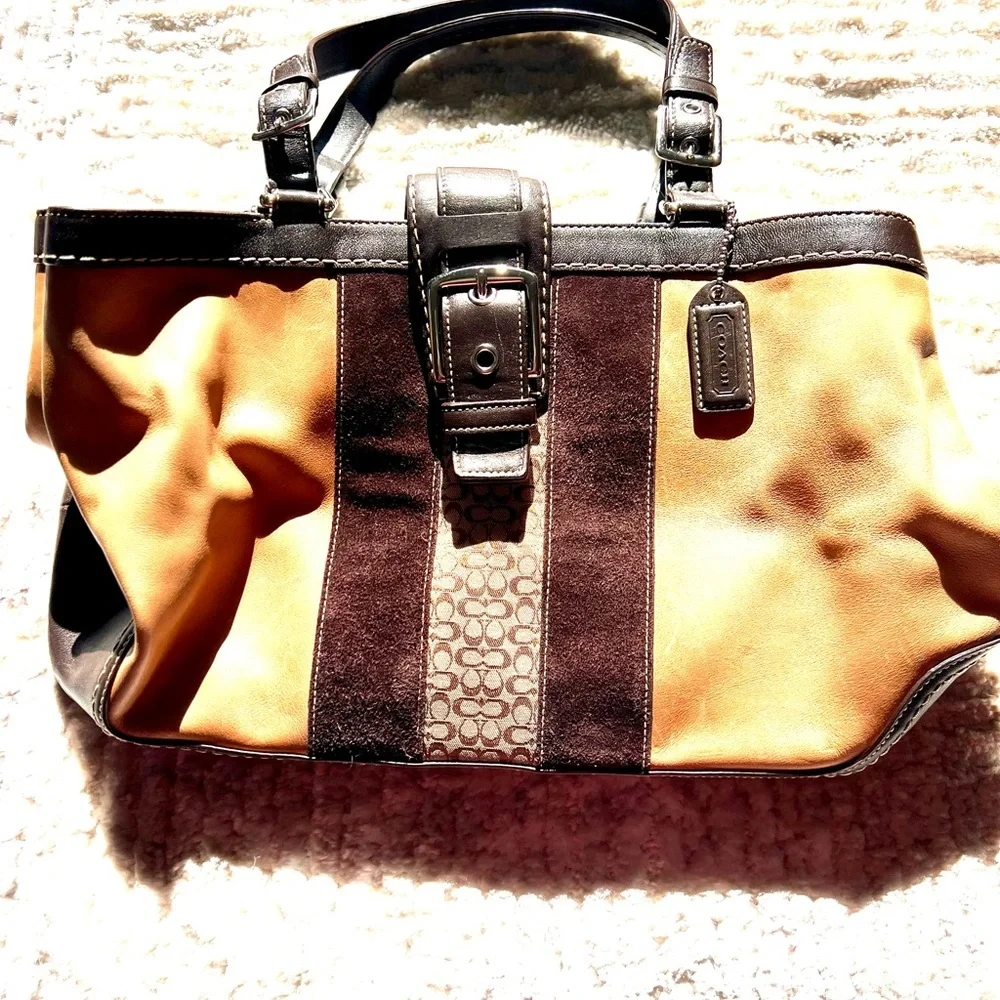 Coach Strip Brown & Tan Soft Leather Shoulder Bag
